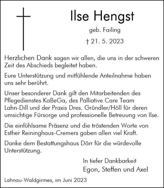 Traueranzeige von Ilse Hengst von Wetzlarer Neue Zeitung