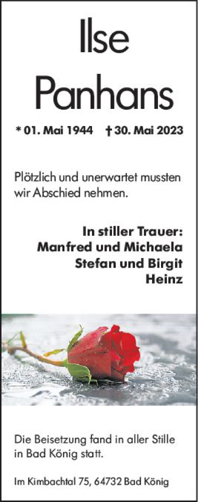 Traueranzeige von Ilse Panhans von Groß-Gerauer Echo