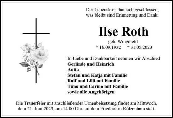 Traueranzeige von Ilse Roth von VRM Trauer