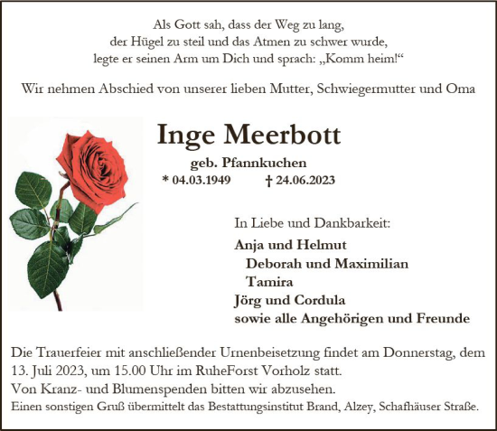 Traueranzeige von Inge Meerbott von Allgemeine Zeitung Alzey