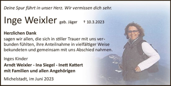 Traueranzeige von Inge Weixler von Odenwälder Echo