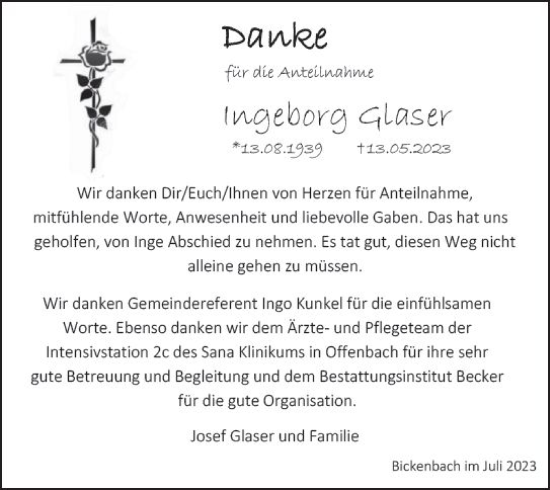 Traueranzeige von Ingeborg Glaser von Darmstädter Echo