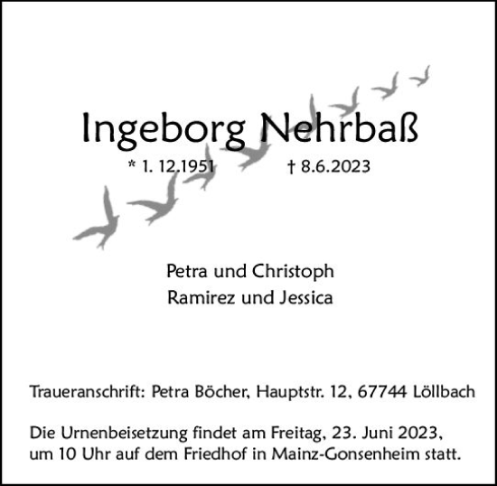 Traueranzeige von Ingeborg Nehrbaß von Allgemeine Zeitung Mainz