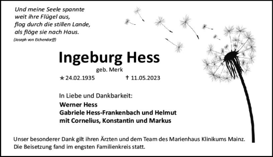 Traueranzeige von Ingeburg Hess von Allgemeine Zeitung Mainz