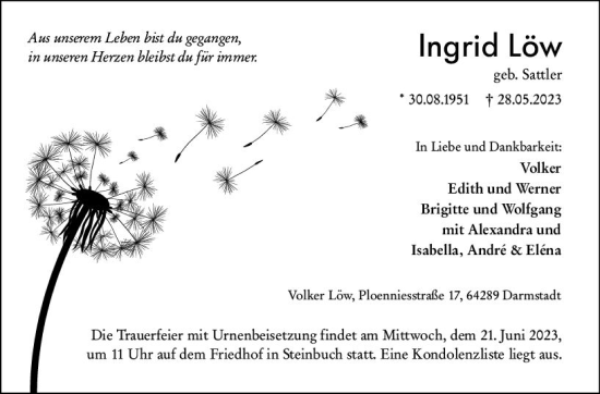 Traueranzeige von Ingrid Löw von Odenwälder Echo