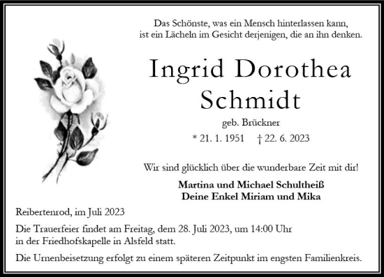 Traueranzeige von Ingrid Dorothea Schmidt von Oberhessen Kurier