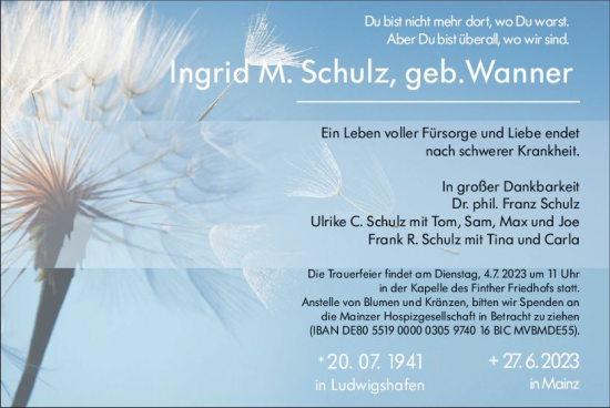 Traueranzeige von Ingrid M. Schulz von Allgemeine Zeitung Mainz Traueranzeige von Ingrid M. Schulz von Allgemeine Zeitung Mainz