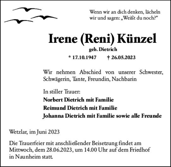 Traueranzeige von Irene Kürzel von Wetzlarer Neue Zeitung