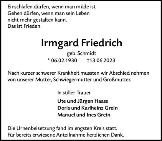 Traueranzeige von Irmgard Friedrich von Darmstädter Echo