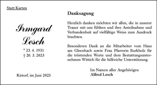 Traueranzeige von Irmgard Lesch von Oberhessen Kurier