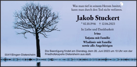 Traueranzeige von Jakob Stuckert von Bingen/Ingelheim WOBL inkl. Neue Binger Ztg.