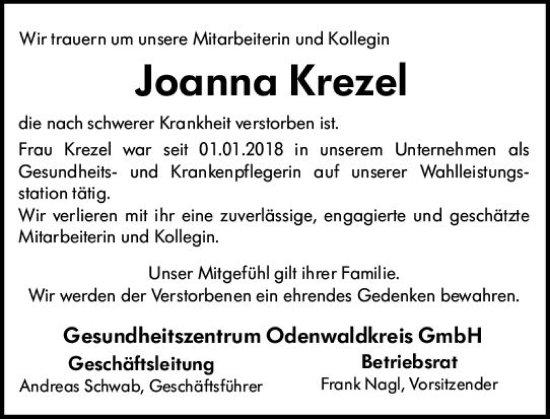 Traueranzeige von Joanna Krezel von Odenwälder Echo