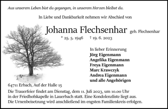 Traueranzeige von Johanna Flechsenhar von Odenwälder Echo
