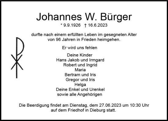 Traueranzeige von Johannes Bürger von Dieburger Anzeiger/Groß-Zimmerner Lokal-Anzeiger