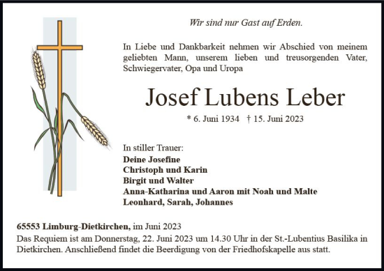 Traueranzeige von Josef Lubens Leber von Nassauische Neue Presse