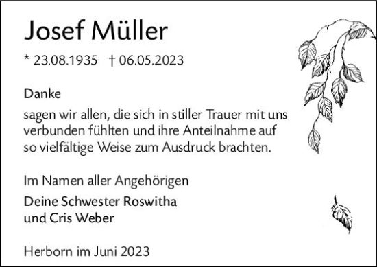 Traueranzeige von Josef Müller von Dill Block