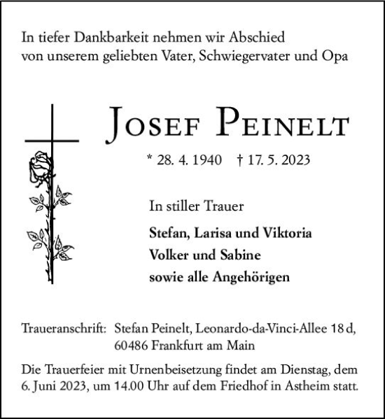 Traueranzeige von Josef Peinelt von Rüsselsheimer Echo
