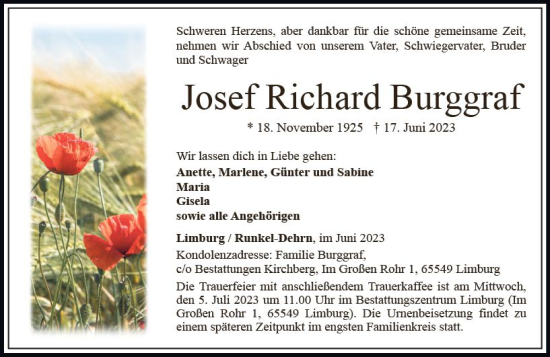 Traueranzeige von Josef Richard Burggraf von Nassauische Neue Presse