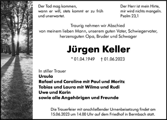 Traueranzeige von Jürgen Keller von Weilburger Tageblatt