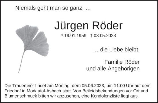 Traueranzeige von Jürgen Röder von Darmstädter Echo