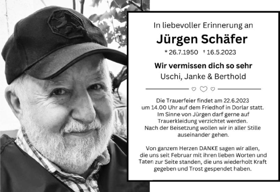 Traueranzeige von Jürgen Schäfer von Wetzlarer Neue Zeitung