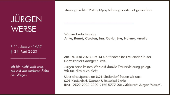 Traueranzeige von Jürgen Werse von Groß-Gerauer Echo