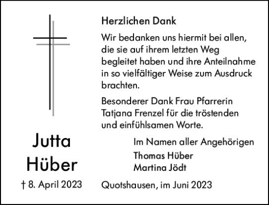 Traueranzeige von Jutta Hüber von Hinterländer Anzeiger