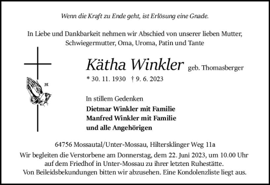 Traueranzeige von Kätha Winkler von Odenwälder Echo