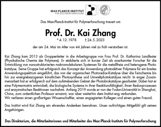 Traueranzeige von Kai Zhang von Allgemeine Zeitung Mainz