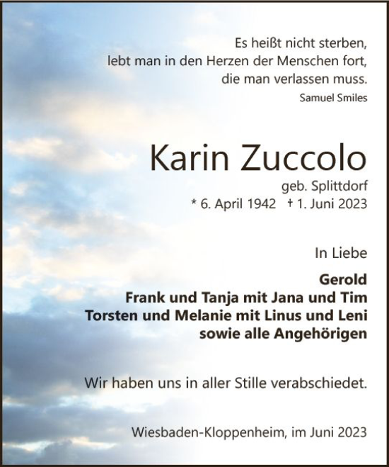 Traueranzeige von Karin Zuccolo von Wiesbadener Kurier
