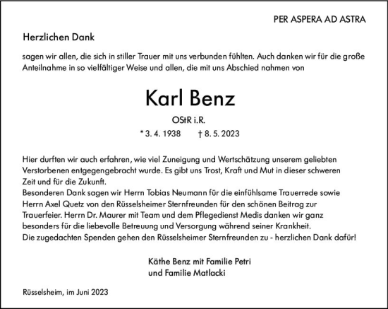 Traueranzeige von Karl Benz von Rüsselsheimer Echo