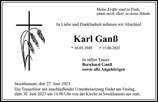 Traueranzeige von Karl Ganß von VRM Trauer