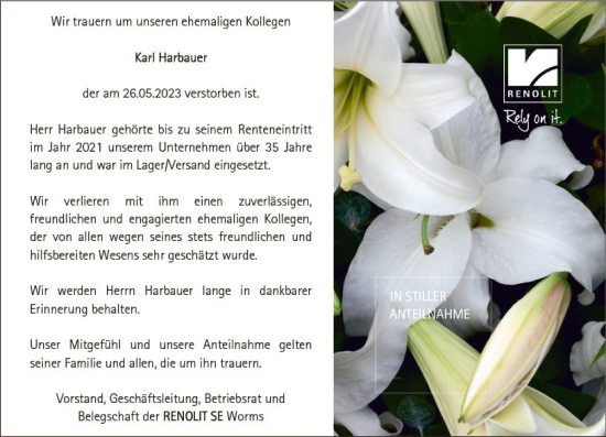 Traueranzeige von Karl Harbauer von Wormser Zeitung
