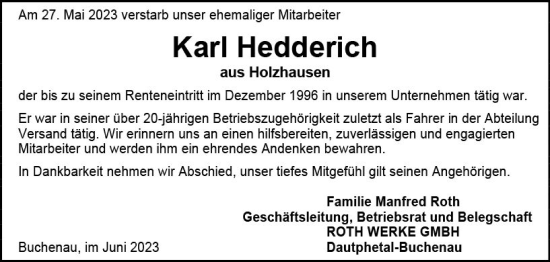 Traueranzeige von Karl Hedderich von Hinterländer Anzeiger