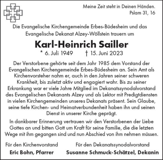 Traueranzeige von Karl-Heinrich Sailler von Allgemeine Zeitung Alzey