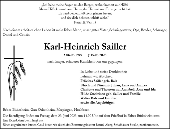 Traueranzeige von Karl-Heinrich Sailler von Allgemeine Zeitung Alzey