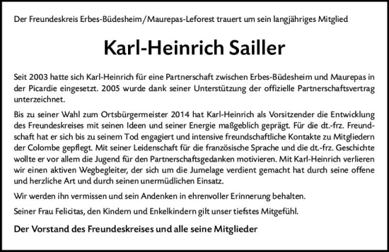 Traueranzeige von Karl-Heinrich Sailler von Allgemeine Zeitung Alzey