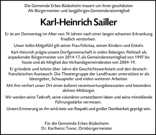 Traueranzeige von Karl-Heinrich Sailler von Allgemeine Zeitung Alzey