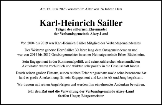 Traueranzeige von Karl-Heinrich Sailler von Allgemeine Zeitung Alzey