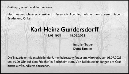 Traueranzeige von Karl-Heinz Gundersdorff von Wormser Zeitung