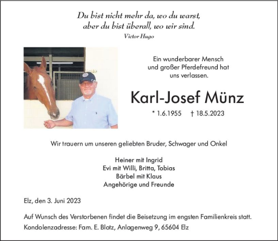 Traueranzeige von Karl-Josef Münz von Nassauische Neue Presse