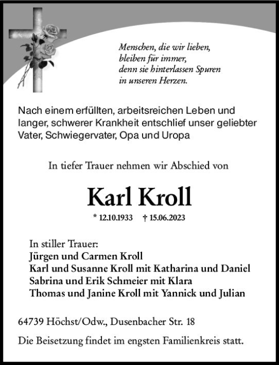 Traueranzeige von Karl Kroll von Odenwälder Echo