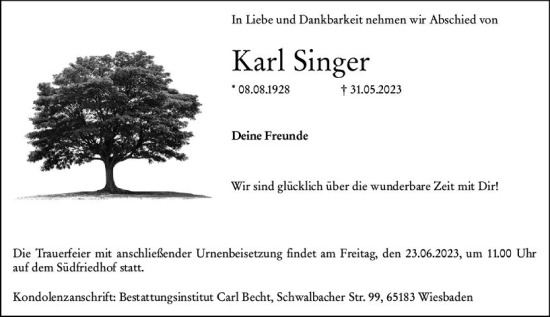Traueranzeige von Karl Singer von Wiesbadener Kurier