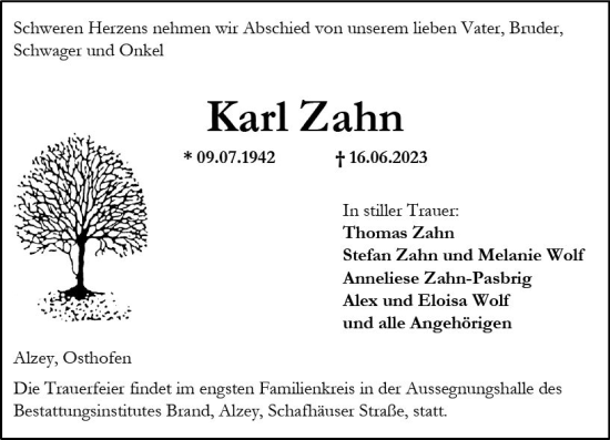 Traueranzeige von Karl Zahn von Allgemeine Zeitung Alzey