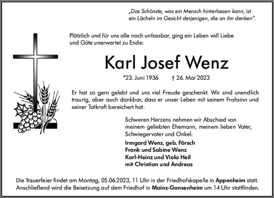 Traueranzeige von Karl Josef Wenz von Allgemeine Zeitung Bingen/Ingelheim