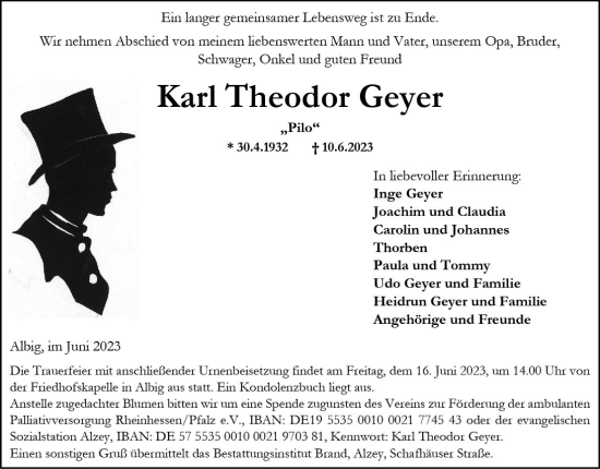 Traueranzeige von Karl Theodor Geyer von Allgemeine Zeitung Alzey