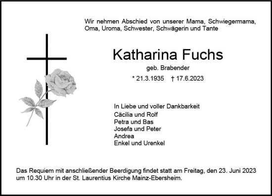 Traueranzeige von Katharina Fuchs von Allgemeine Zeitung Mainz Traueranzeige von Katharina Fuchs von Allgemeine Zeitung Mainz