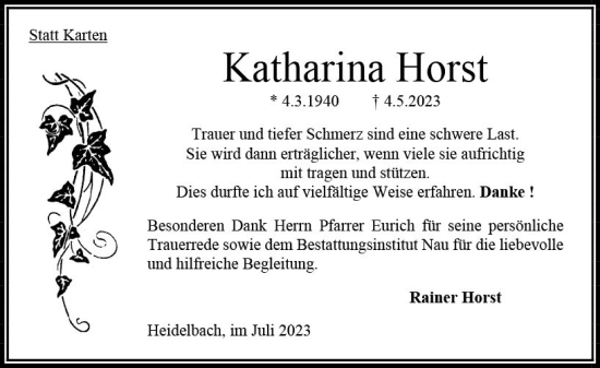 Traueranzeige von Katharina Horst von Oberhessen Kurier