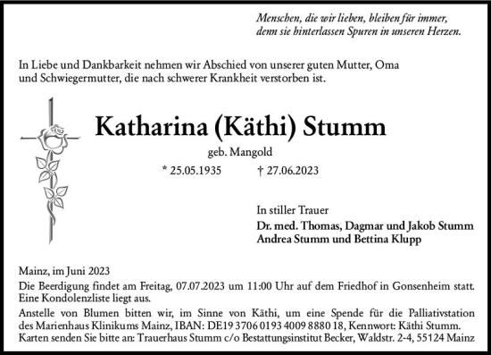 Traueranzeige von Katharina Stumm von Allgemeine Zeitung Mainz Traueranzeige von Katharina Stumm von Allgemeine Zeitung Mainz