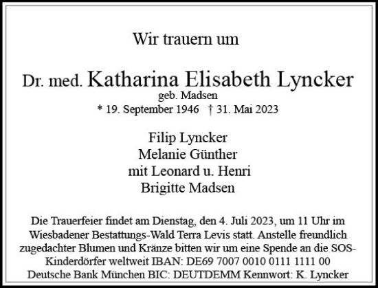 Traueranzeige von Katharina Elisabeth Lyncker von Wiesbadener Kurier